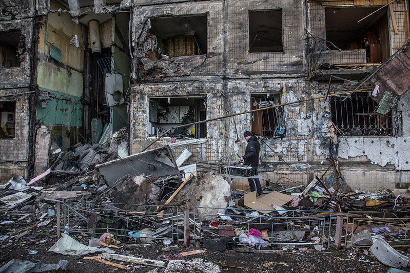 A shelling partially destroyed a block of flats in Obolon district, Kyiv, 14 March 2022.